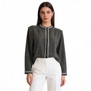 MING WANG Open Front Knit Cardigan Braided Trim Mint Green Charcoal Gray Size L